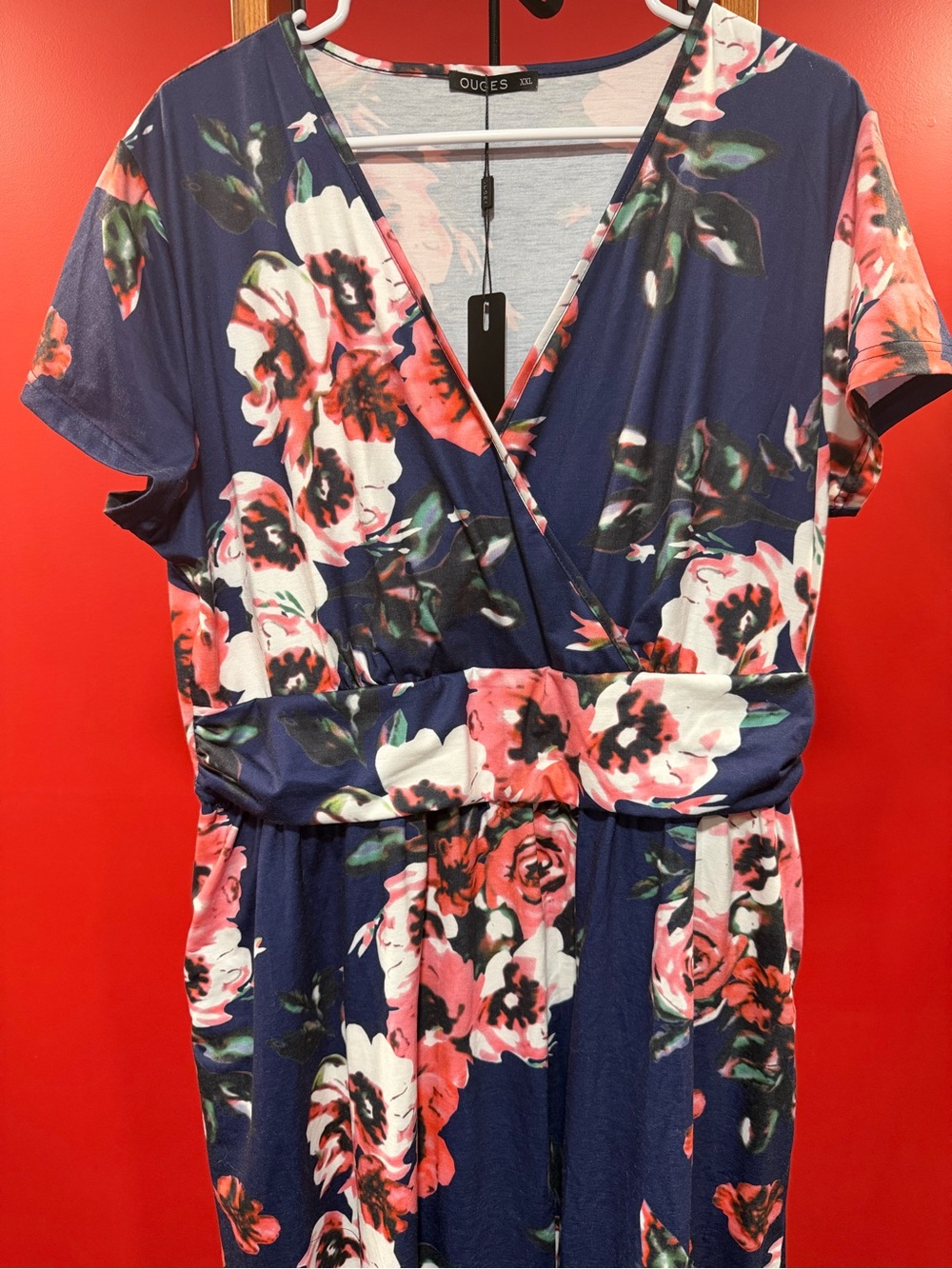 OUGES Floral V Neck Dress Navy Blue Pink Coral Short Sleeve NWT XXL - Picture 5 of 11